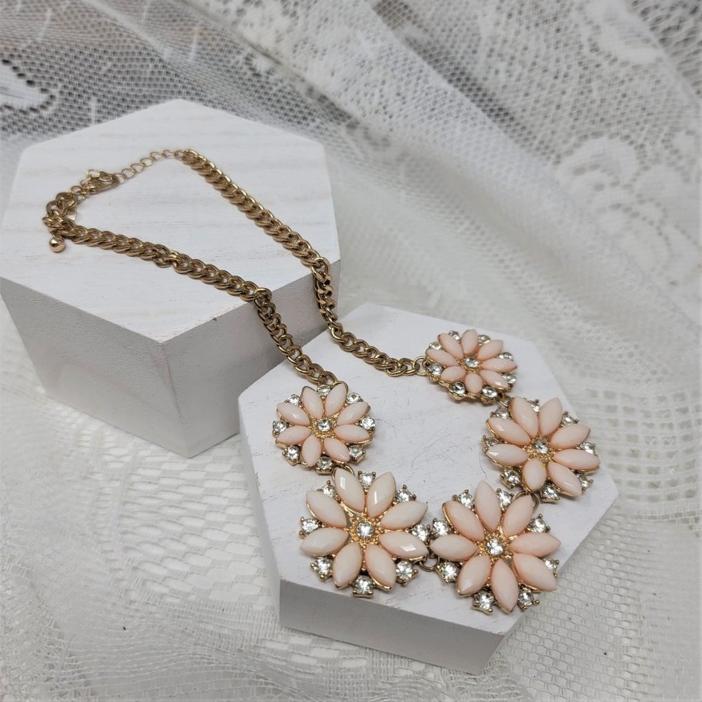 Pink Flower & Rhinestone Necklace Goldtone - Picture 3 of 5